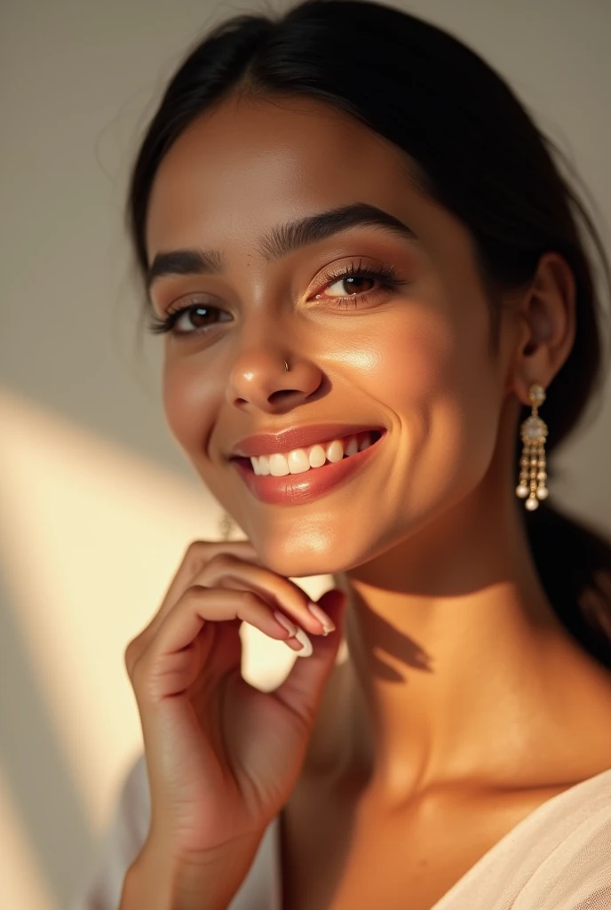 Create a high-resolution image of a beautiful Indian face model for a cosmetic products advertisement. The model should have flawless, radiant skin with a natural glow. She should have expressive eyes, well-defined cheekbones, and a warm, inviting smile. T...