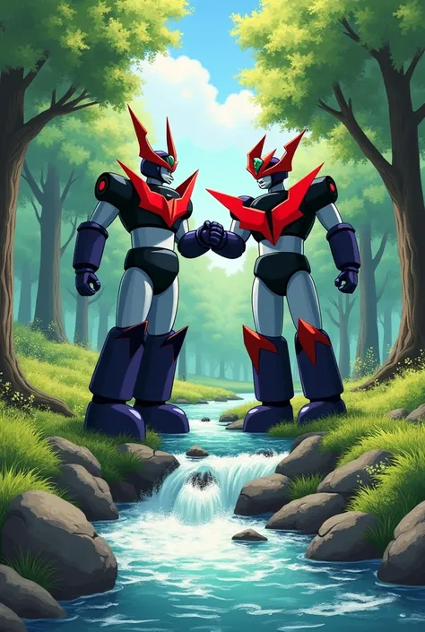 Mazinger Z and Voltes Five are flirting in a rural forest. The river water gushes out.