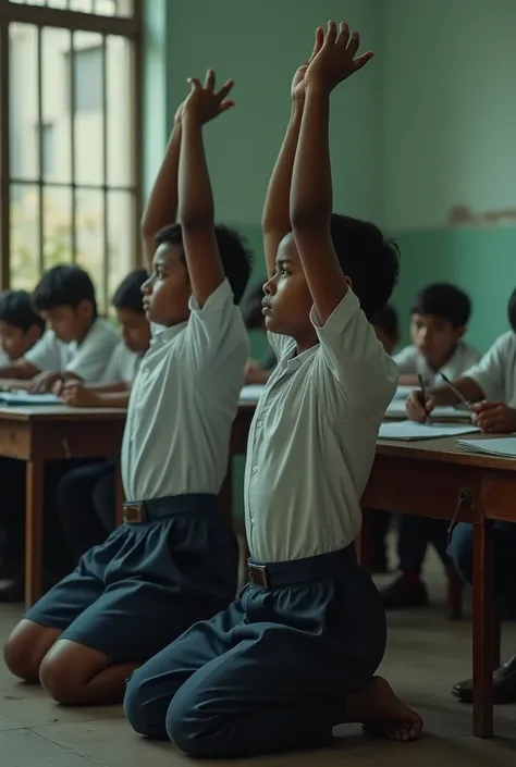 Side view of two 1 Bangladesh male school  students wearing the Bangladesh school uniform kneeling against the wall in the class room corner with their hands raised straight high up in the air above their heads and both palms open.  Other students studying...