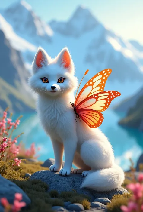 Artic fox and butterfly mixed in hybrid animal this Appropriate beautiful place