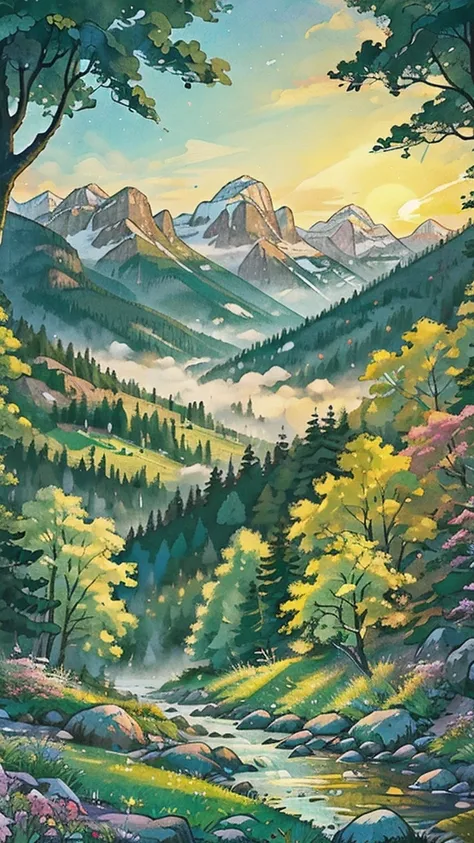 Create a tranquil scene in a peaceful mountain valley during early morning. Soft mist hovers over the lush green grass, with wildflowers blooming in vibrant colors. Majestic mountains rise in the background, their peaks kissed by the first light of dawn.
A...