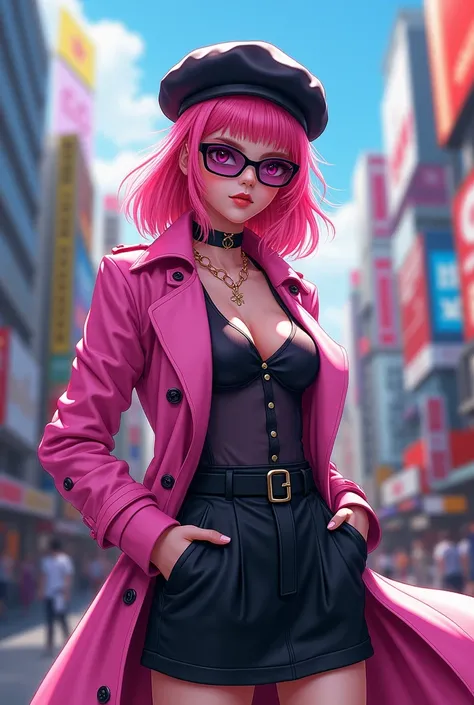 8k, realistic, high detailed, super eyes detailed, sizzling fashion clothes, pink trenchcoat, french beret,black skirt with belt, long hair, in the city,  pink hair, purple eyes, yae miko, wearing trendy sunglasses,