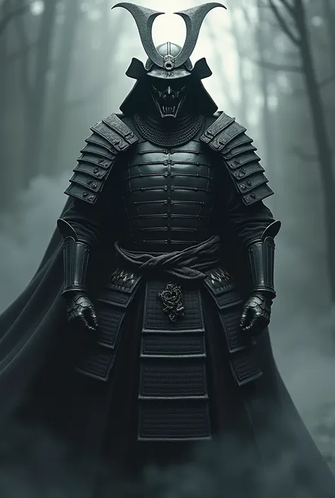 The shadowy samurai is fully covered with an amrour.  With a helmet looking like a demon face.