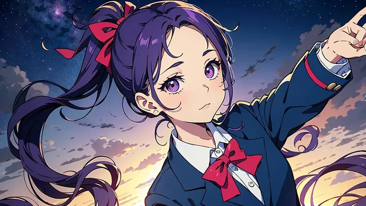 from above
portrait
looking down
sleepy
puffy eyes
closed mouth
hair ribbon
false eyelashes
side ponytail
medium hair
forehead
side ponytail
ringlets
purple hair
school uniform, blazer
leaning forward
claw pose
sea
night sky
one woman