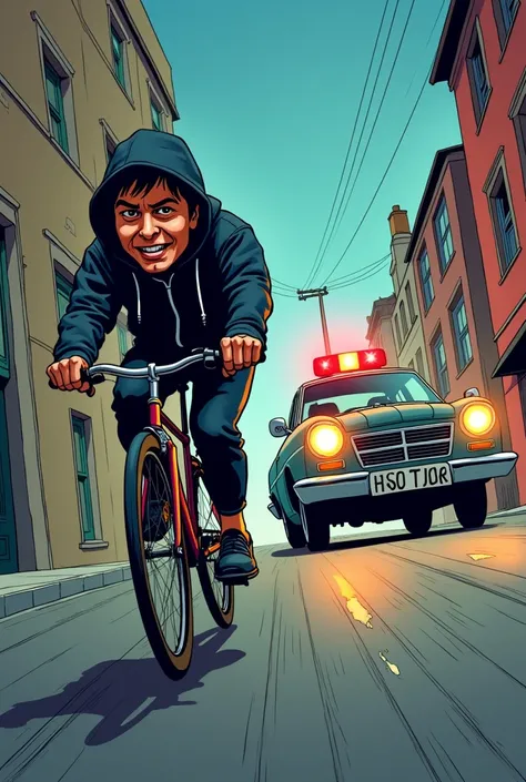 This image depicts a humorous scene where a thief is fleeing on a bike, and the police are chasing him. Both the thiefs bike and the police car have broken lights, yet the chase continues. The scene is illustrated in a playful manner, reflecting the riddle...