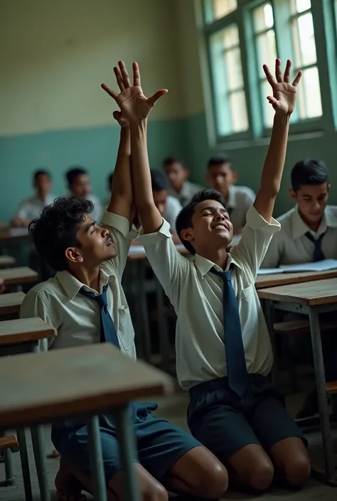 Side view of two 1 Bangladesh male school  students wearing the Bangladesh school uniform kneeling against the wall in the class room corner with their hands raised straight high up in the air above their heads and both palms open.  Other students studying...