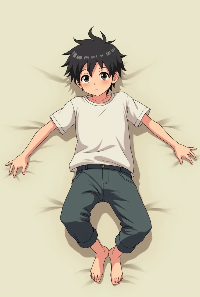 An anime boy who laying down on a ground and the position of the camera need to be on the top to see his full body (no lighting effect and no background) and i mean full body and must be on top of position like 2D and must be like under his feet, not that ...