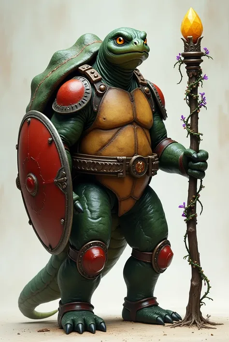 humanoid turtle, its leather is a very dark green, your gaze is of peace and your eyes are yellow and black, their hands have short, sharp claws, Its rear hull is very large in shades of green and its front hull is covered by a red steel armor., On his lef...