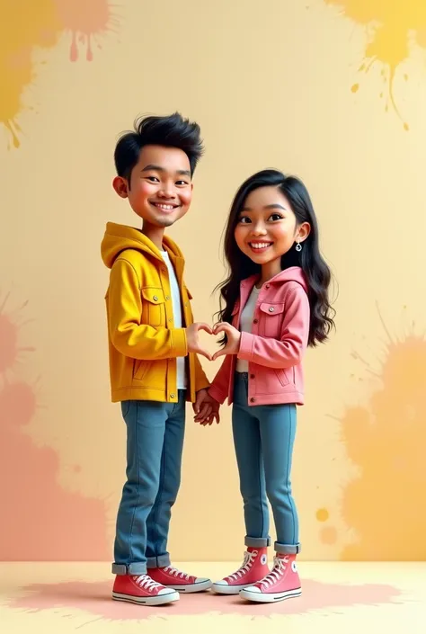 realistic, 3D caricature, Indonesian people, a guy, yellow jeans jacket, blue jeans, Converse shoes and a girl with a pink jacket, blue jeans, Converse, they are standing, their hands are both forming a heart, the resulting image is real like the original,...