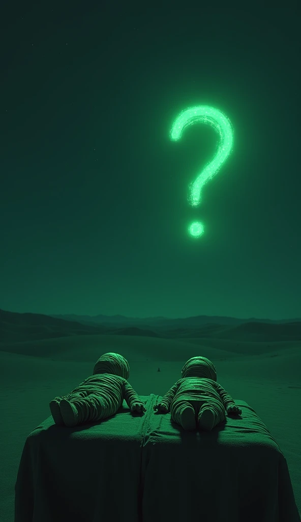 A dark, mysterious desert landscape at night, with the glowing outline of two strange, small mummified bodies lying on a table, illuminated by eerie green light. In the background, theres a large question mark in the sky, symbolizing mystery and intrigue."...