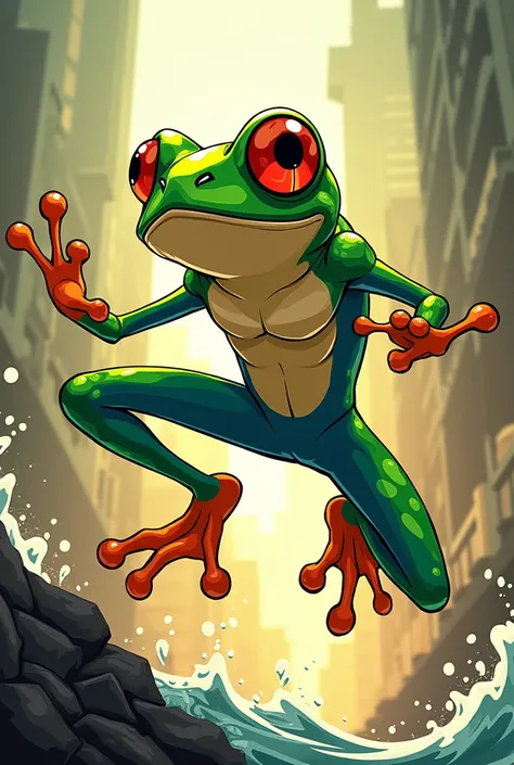 A webtoon-style character that looks like it could appear in an action comic based on the symbol of a tree frog