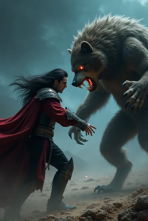 A Long haired handsome vampire wearing a battle outfit, fighting with a huge aggressive warewolf. Both are Aggressive and growling. Powerful fighting poses, Background is a deserted area in night.