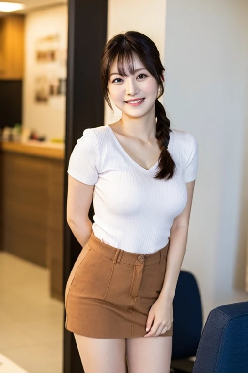 Masterpiece, photo quality, 8k, Japanese mature woman, (shot from ankle up: 1.4), V-neck short sleeve knit, cotton tight skirt, beautifully detailed eyes, beautifully detailed facial expression, smile: 1.4), bangs, beautiful flesh-toned thighs, long hair t...