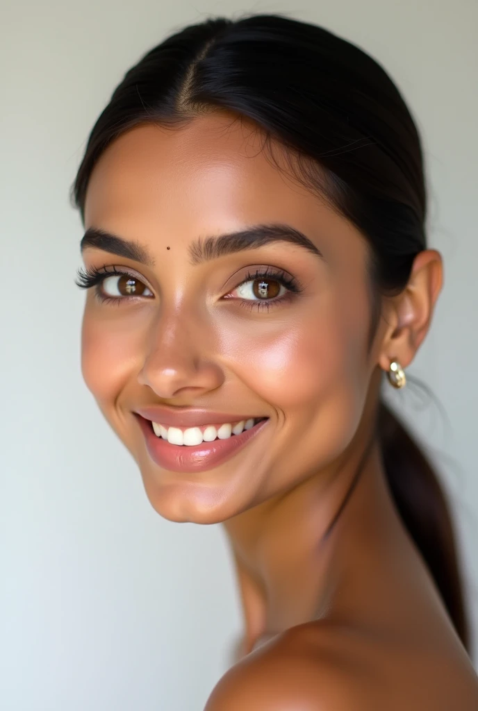 Create a high-resolution image of a beautiful Indian face model for a cosmetic products advertisement. The model should have flawless, radiant skin with a natural glow. She should have expressive eyes, well-defined cheekbones, and a warm, inviting smile. T...