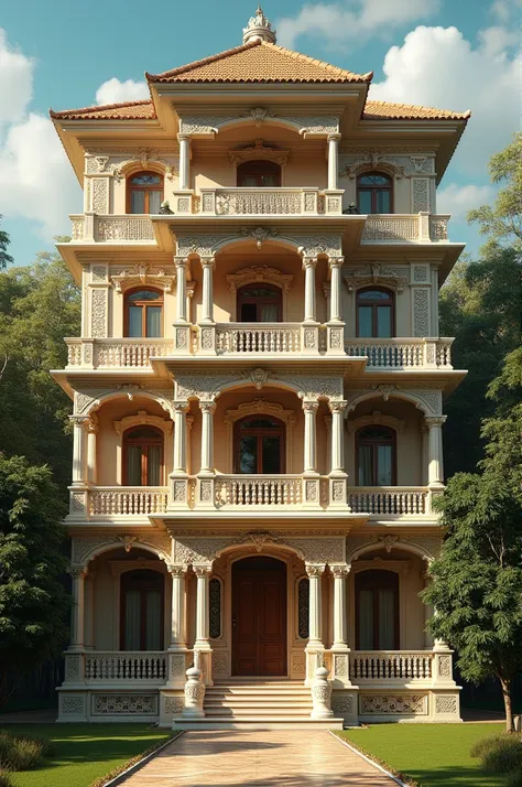 a large house with a balcony and balconies on the second floor and second story balcony on the second floor, Afewerk Tekle, bengal school of art, vfx, a detailed matte painting