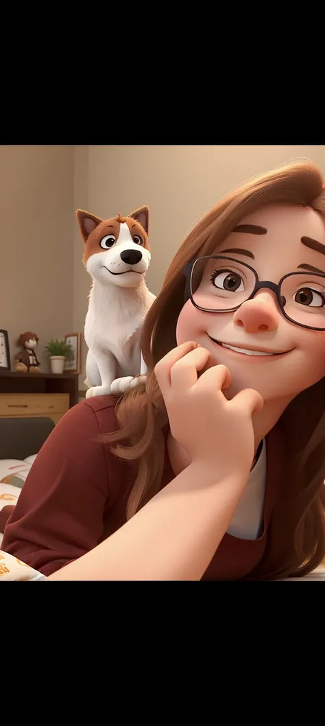 A smiling woman with glasses lying face down on the bed, with her cute furry dog ​​in her arms. I want everything 100% similar to the original photo and in good quality, please