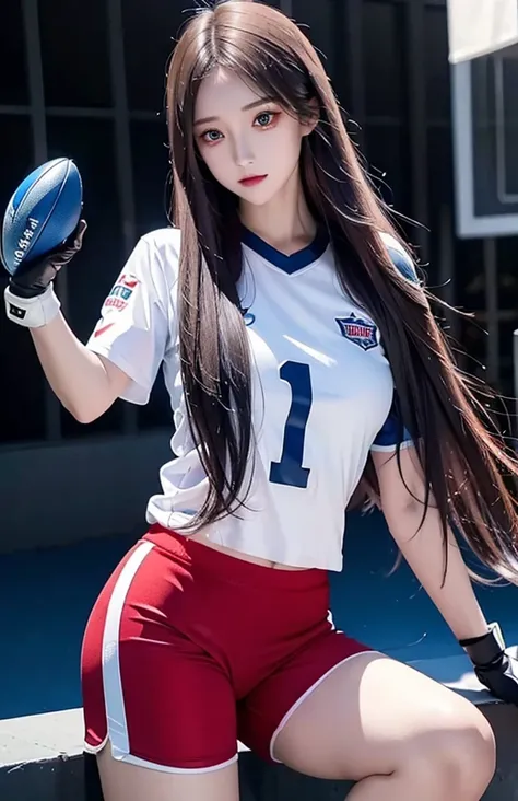 Woman with long hair straight, football jersey 70 in shirt, high detailed, realistic, ultra realistic, villain, football skin t shirt and ((football short pant)), blue football skin shirt, hand gloves goal kick ,as goal keeper ((red eyes))