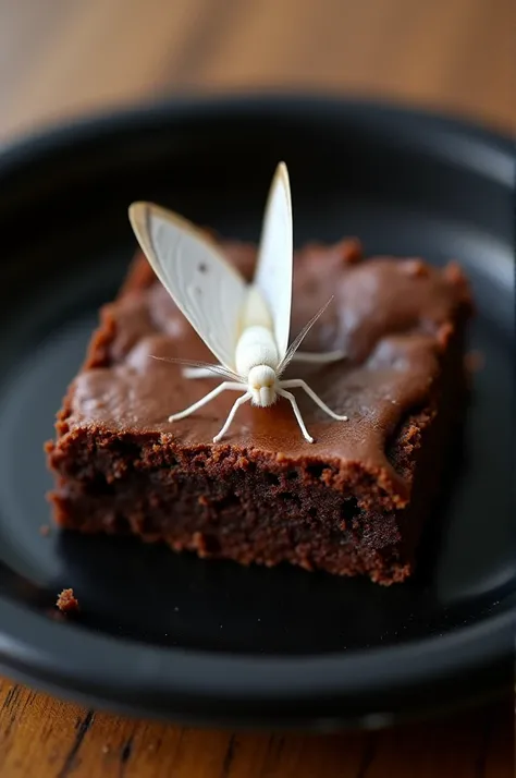 White insect in brownie kept in a black plastic plate 