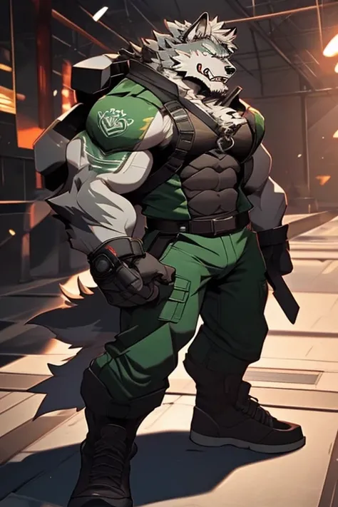 A Right Side Only Upper Body picture of a Very Muscular Furry style Gray Wolf. he is wearing a green soldier suit. he is looking down on the floor. his both hand are armming a large gun. he is biting his very sharp teeth. he is very Angry. He is standing