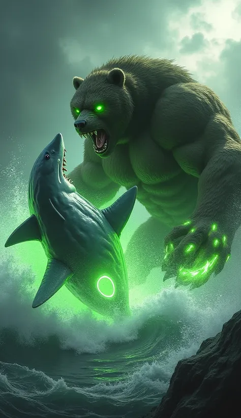 The animal fusion of the green lantern and the 
Shark and the animal fusion of the bear and the 
Hulk fighting 