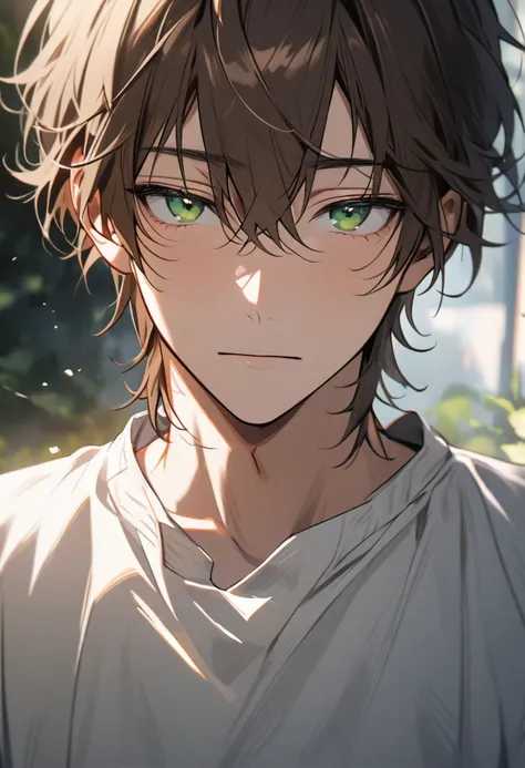 male, solo, handsome, brown hair, beautiful eyes, green eyes, parted bang, ahoge hair, white shirt,  front face, high detail, beautiful eyes, macro picture, calm face