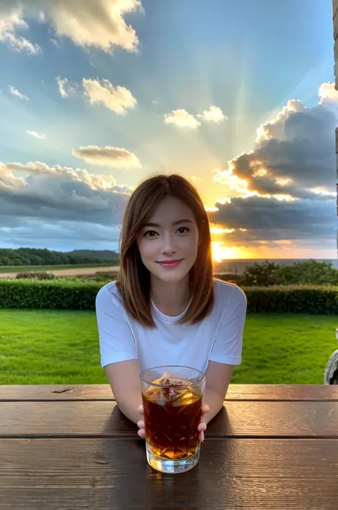 (Realistic, 超Realistic:1.4), 16K HDR, High resolution,Brown short hair,The best smile、Japanese actress,so beautiful(It looks like the real thing),Short sleeve dress,Whiskey Bottle、The Macallan、Johnnie Walker、、Old Parr、whiskey、Suntory、Nikka、Slim couple、Mode...