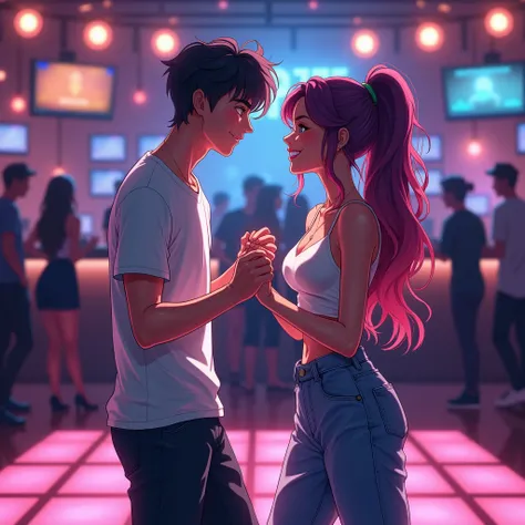 Whenever your hand touches mine,、dj,Two people dancing in a stylish club、Teenage Sparkle Effect, Anime Adult Cami＆Jeans and mature girl T-shirt＆Baggy pants in high resolution, Look at, Shiny Hair, Gradient color hairstyle, smile, happiness/joy, Close-up, 