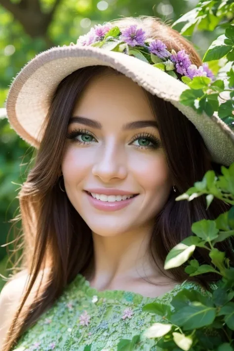 A happy Argentinian woman with a warm smile, beautiful detailed eyes, beautiful detailed lips, extremely detailed eyes and face, longeyelashes, smiling happily, violet floral dress, in a beautiful garden, lush green foliage, sunlight filtering through the ...