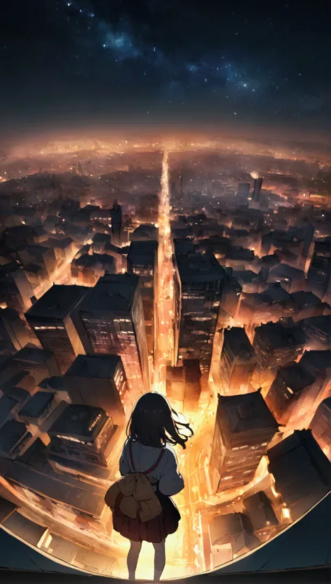 Create a japanese style anime of A city night , with view taken from a top view to the down , the night sky is covered with crackers bursting in sky, create a clear and detailed photo with colours, giving cinematic shot 