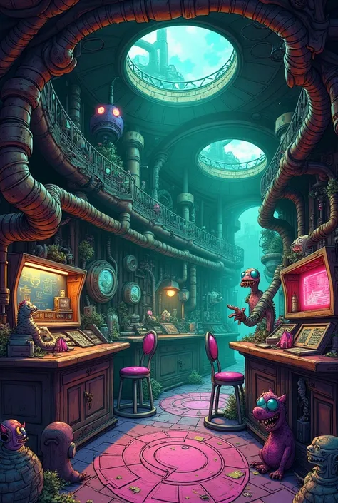 A whimsically rusted starship brig, filled with eccentric gadgets and bizarre creatures, exudes an air of forgotten magic and wonder. The scene is portrayed in a highly detailed and colorful manga illustration, showcasing every intricate feature of the shi...