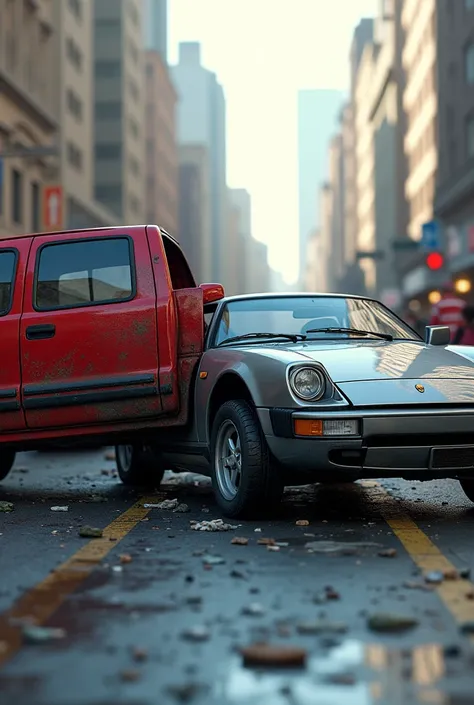 A red truck hut a silver colour car . A accident happened. The silver colour car get damaged 