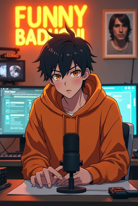 Create a anime boy who have a a mature looking like a man facing in front he is YouTube content creator, sitting in his studio with futuristic gadgets, and there is mic near him wearing orange hoodie. smiling, and there is 2 posters of movies star in his r...