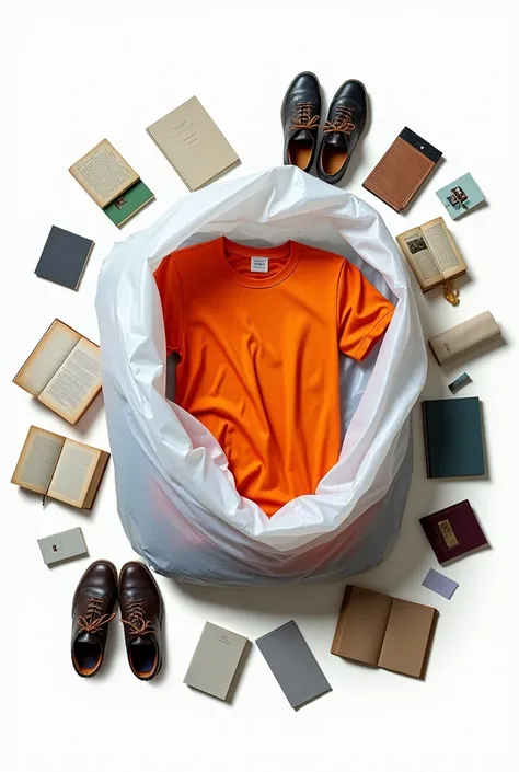 put orange messy t-shirt in big white plastic bag and some book, shoes around nylon bag, The view of the photo should be from above, background white