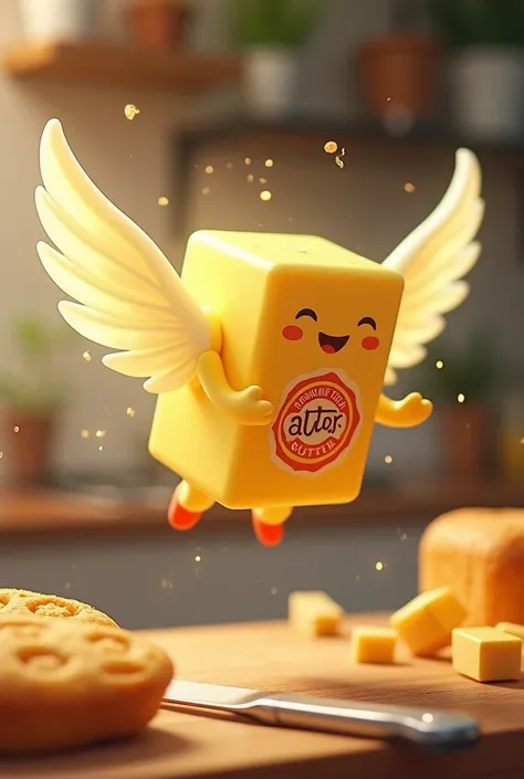 a cute butter with brand on it, it has wings, flying, in the kitchen