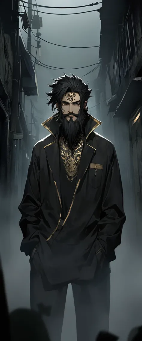 Anime Style。A black silk shirt embroidered with gold patterns。Alley in the fog。Skinny young man standing with his hands in his pockets。Droopy eyes。Thin face。Nihilistic smile。Black beard and beard。Long black hair。forehead,。Ethnic gold tattoo on forehead。Gol...