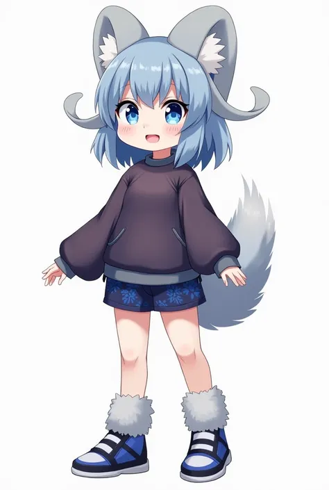 1girl, , character reference, realistic design, blue hair, blue eyes, blue pupils, (blue eyelashes), ((rams horns)), rounded horns, big cat ears, dark purple blouse, translucent blouse, shorts, blue pattern on leg, hair in bun, standing, full height, sport...