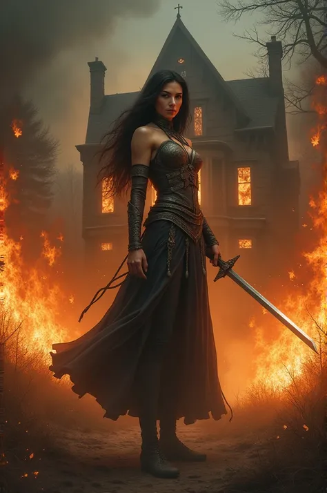 A haunted house all side flames middle side a beautiful woman with sword in warrior dress 