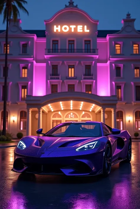 luxury car back side luxury hotel in night time violet colour 