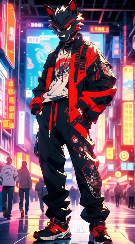 anthropomorphic wolf, anthropomorphized wolf, Wolfman, benevolent wolf, wearing street clothes, loose t-shirt, straight and wide pants, streetwear sneakers, 90s vaporwave style, 90s futuristic vibe, 90s futuristic, vibrant colors, ((dynamic pose)), ((full ...