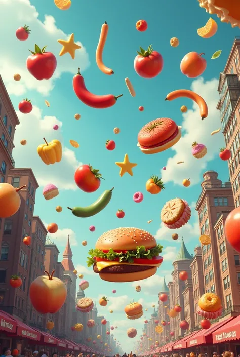   fruits, legumes, Hot dog, crisp, refrigerator, hamburger, sweets flying through the sky, in a lively city. 