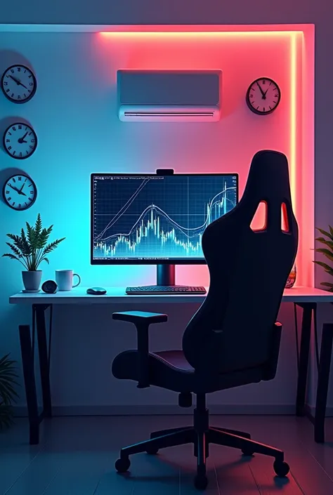 clear trading chart, in the light blue and light red, with one big desktop creen and one gaming chair, In which there are four clocks and one AC installed on the wall, There should also be neon lighting in the background,