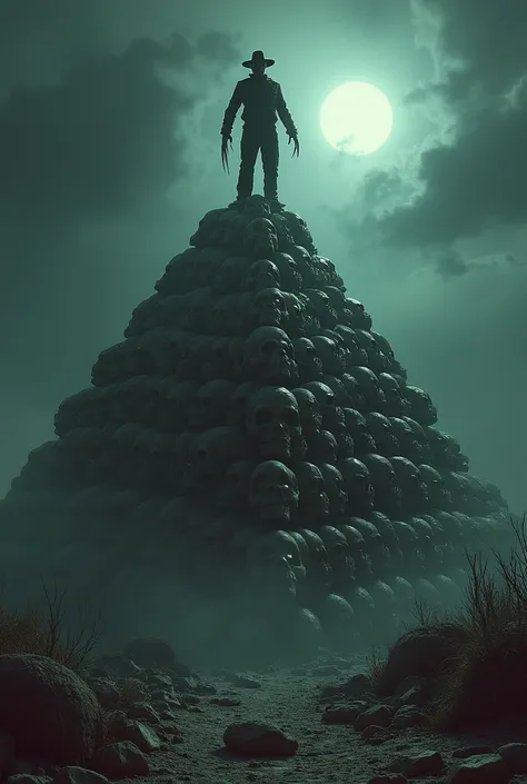 A pyramid of skull and Freddy Krueger standing on the pyramid of skull 