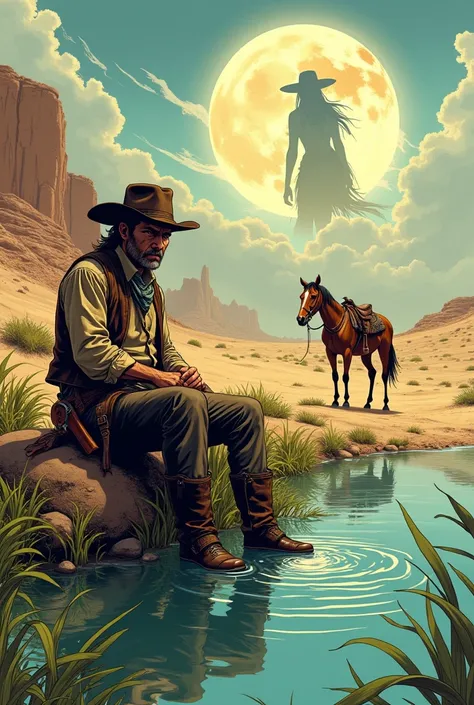 Hyperrealistic comic: a cowboy sitting on the riverbank, the horse drinks water from the river, the desert in the background, the image of a cowgirl woman in the sky