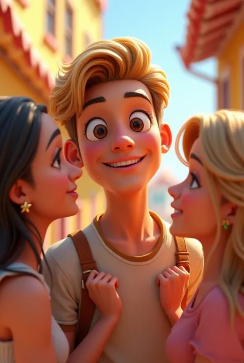 Hd. 3d. Whimsical. Pixar-style. Cartoonstyle. Hyperdetailed. Create a render of a sweet man with blond hair. He is very sweet to his all woman.