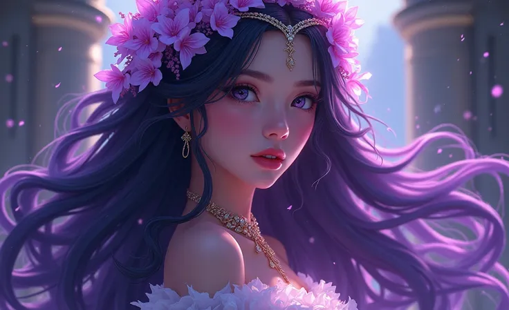 (((masterpiece))), best quality, illustration, 4K wallpaper, cinematic light, Absurdres, protrait of 1girl, long hair, purple crystal hair, glow hair, bloom hair, clothing princess, looking front