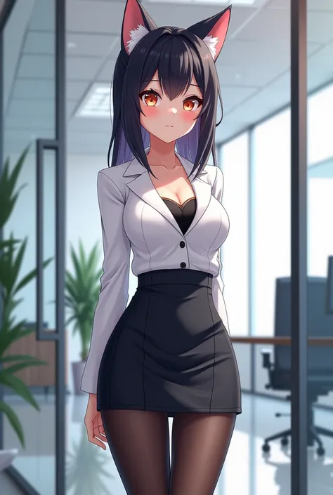 Please draw a cat girl OL in an anime style, wearing a white suit, tight skirt and black stockings, full body.。Please use the office as the background。