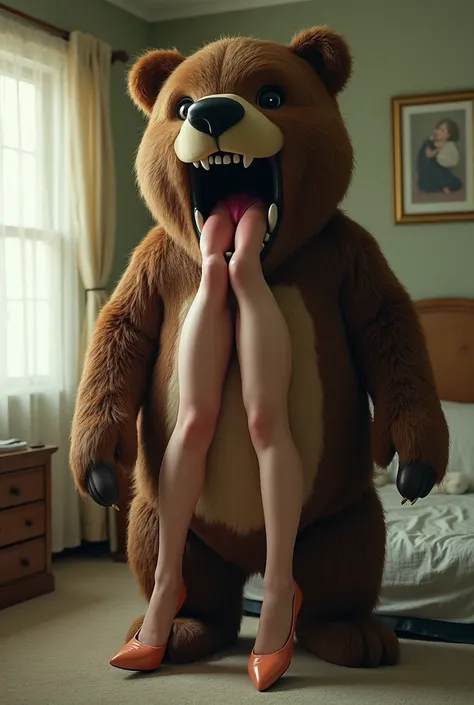 “A tall bear mascot stands in a bedroom, tilting its head up and back with a pair of womens legs with high heels and waist protruding up out from within its mouth, between its jaws.”