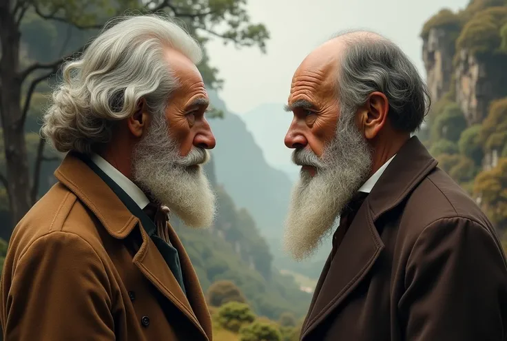 Classical style portrait of Lamarck and Darwin in confrontation. wide landscape. Both appear only from the shoulder up., with intense expressions and staring at each other. Lamarck on the left, with beard and gray hair, wearing period clothing. Darwin on t...