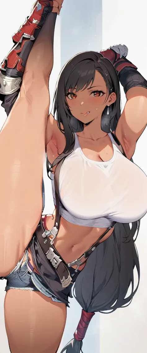 (masterpiece, best quality:1.2), 1girl, solo,standing_split, 
tifa lockhart, final fantasy, white crop top, elbow pad, fingerless gloves, suspenders, pencil skirt, white tshirt, sexy look, short skirt, miniskirt, pencil skirt