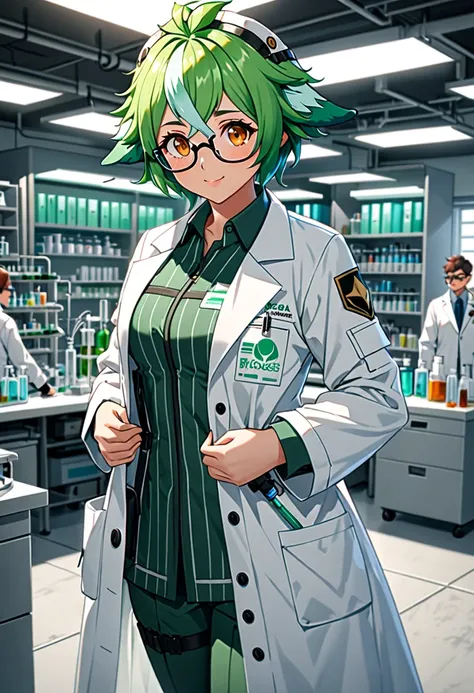 8K Ultra High-Quality, ultra-detailed, High quality, Sucrose, glasses, tactical clothes, lab coat, laboratory background